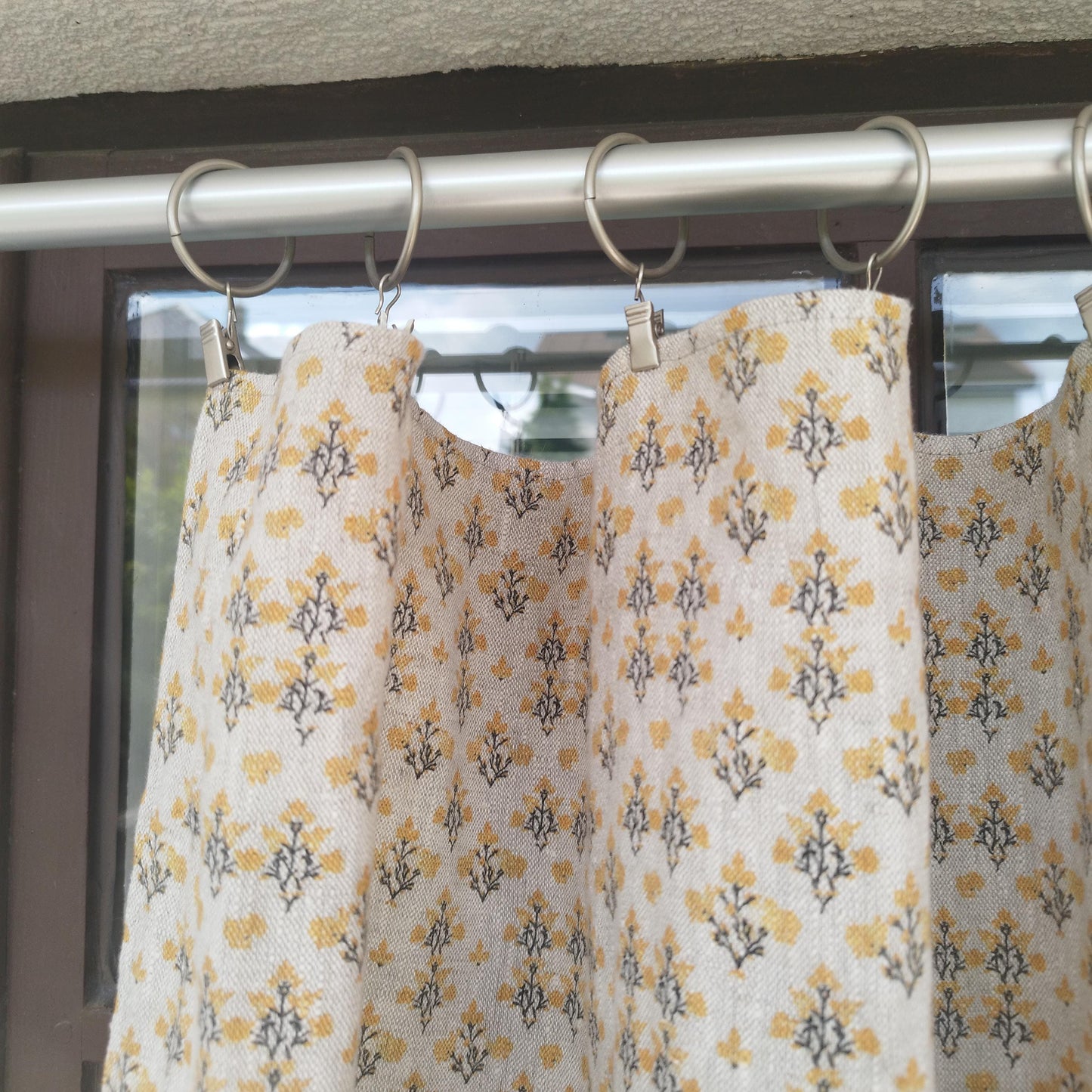 Curtains 100% Linen with indian block print yellow pattern PREWASHED. kitchen Living room farmhouse linen window panel