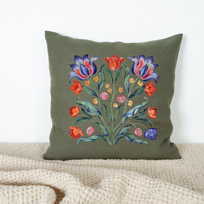 SALE LINEN Cushion cover with tulips print , decorative linen pillow cover with folk art print , Floral Housewarming Gift