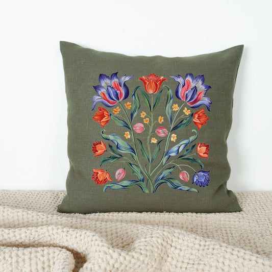 SALE LINEN Cushion cover with tulips print , decorative linen pillow cover with folk art print , Floral Housewarming Gift