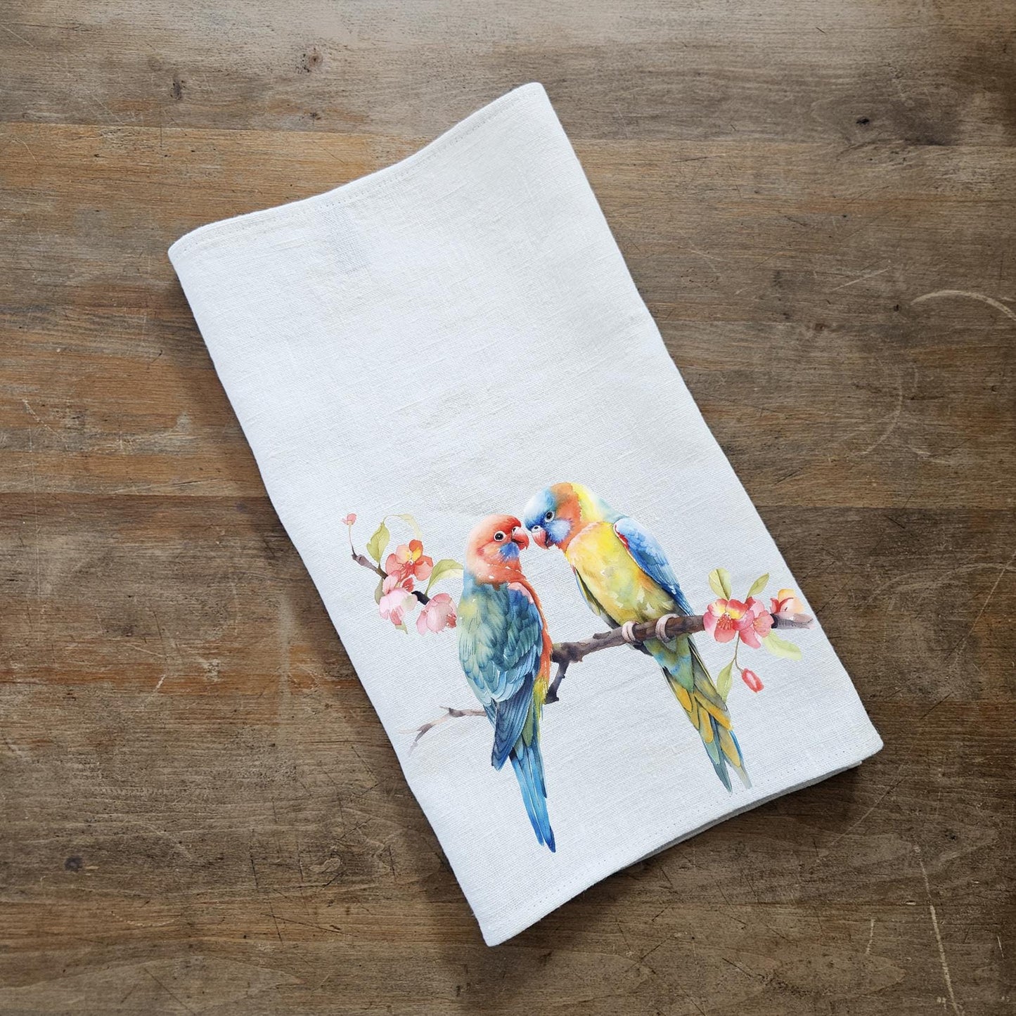 Friendship Tea Towel in linen - Hand Towels Tea with Birds - Dish Towel Kitchen Décor Festive season Christmas Friends Parrot love
