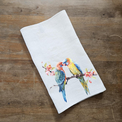 Friendship Tea Towel in linen - Hand Towels Tea with Birds - Dish Towel Kitchen Décor Festive season Christmas Friends Parrot love