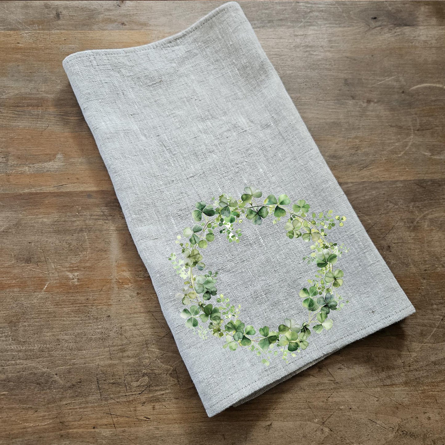Clover wreath Tea Towel in linen, greenery Hand Towels Tea in linen, linen  Dish Towel Kitchen Décor Tea Towel in linen with green wreath