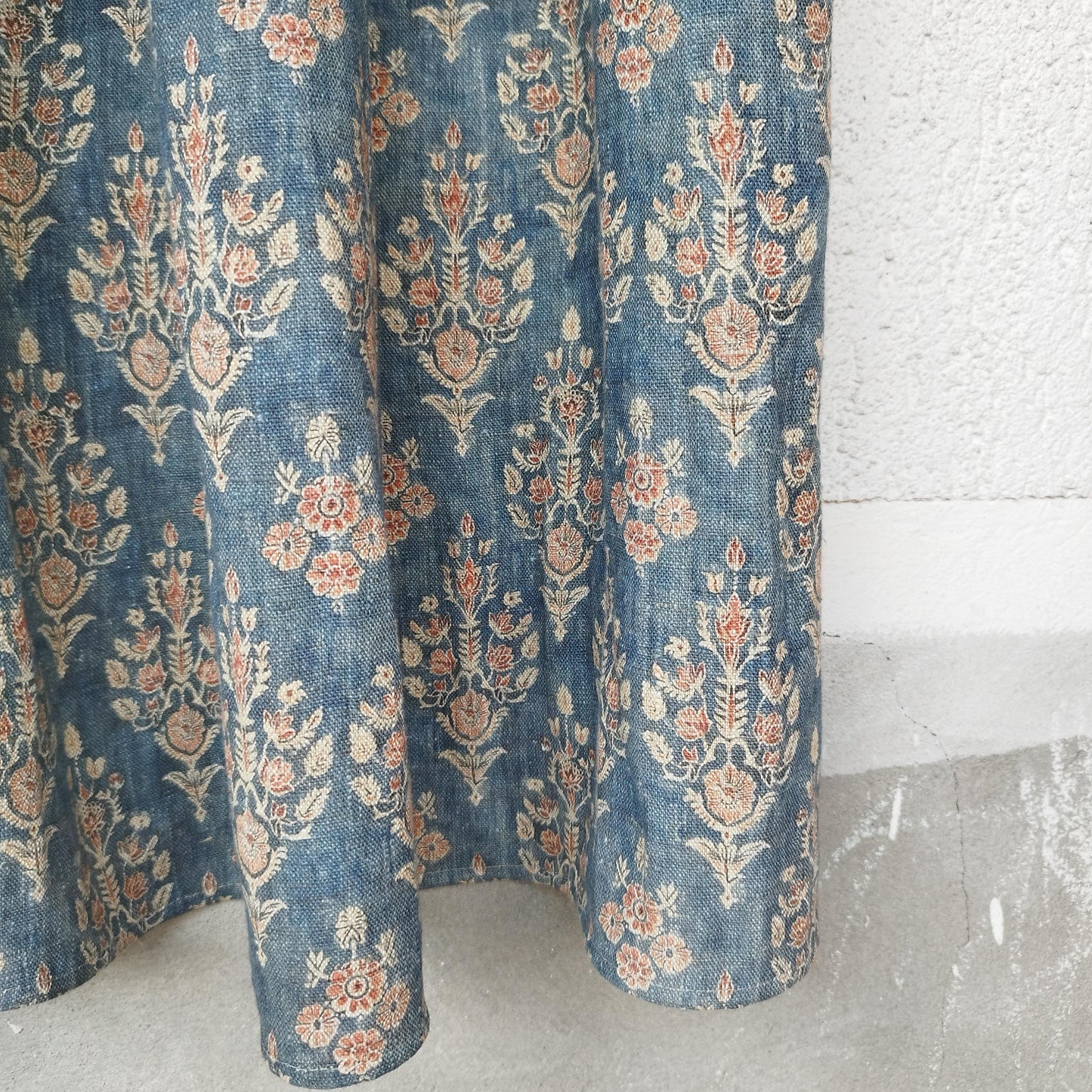 Curtains 100% Linen with indian block print blue pattern  PREWASHED. kitchen Living room farmhouse linen window panel