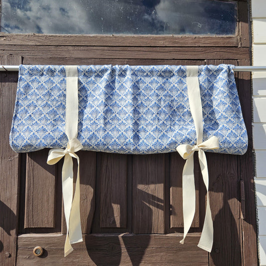 Linen curtains valance with tie up Blue white block print -  Nautical farmhouse kitchen door curtains  in custom size with print