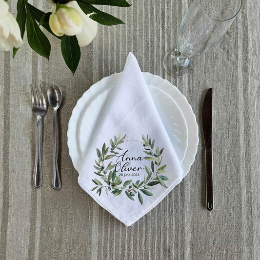 Custom Design White Cloth Cocktail Napkins with olive wreath, luxury weddings menu napkins in linen, Custom Names Napkins for dinner