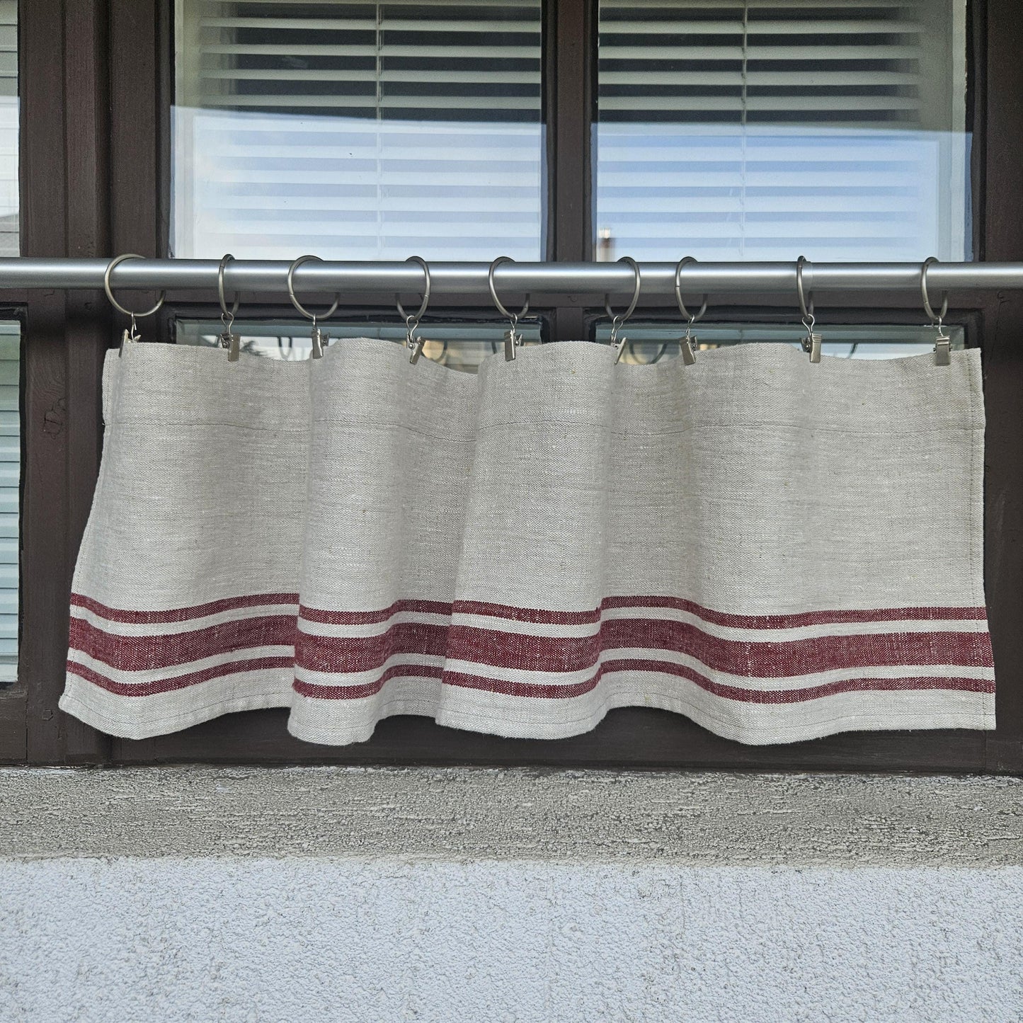 Ticking Valance Farmhouse Curtain in linen, Pure linen window treatment. Living room Cafe Kitchen window panel Grain sack with french stripe
