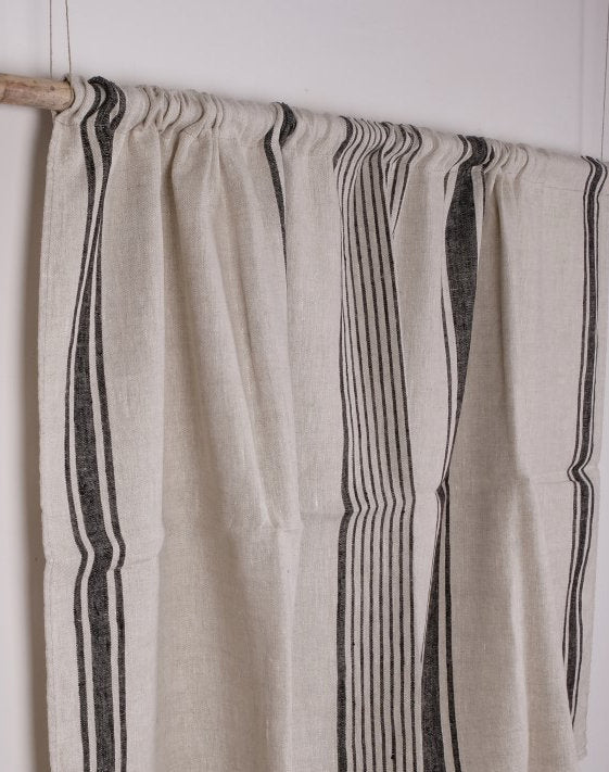 Curtains 100% Linen striped PREWASHED, window panel kitchen Living room farmhouse curtains. Grain Sack flax Bedroom indigo navy blue striped