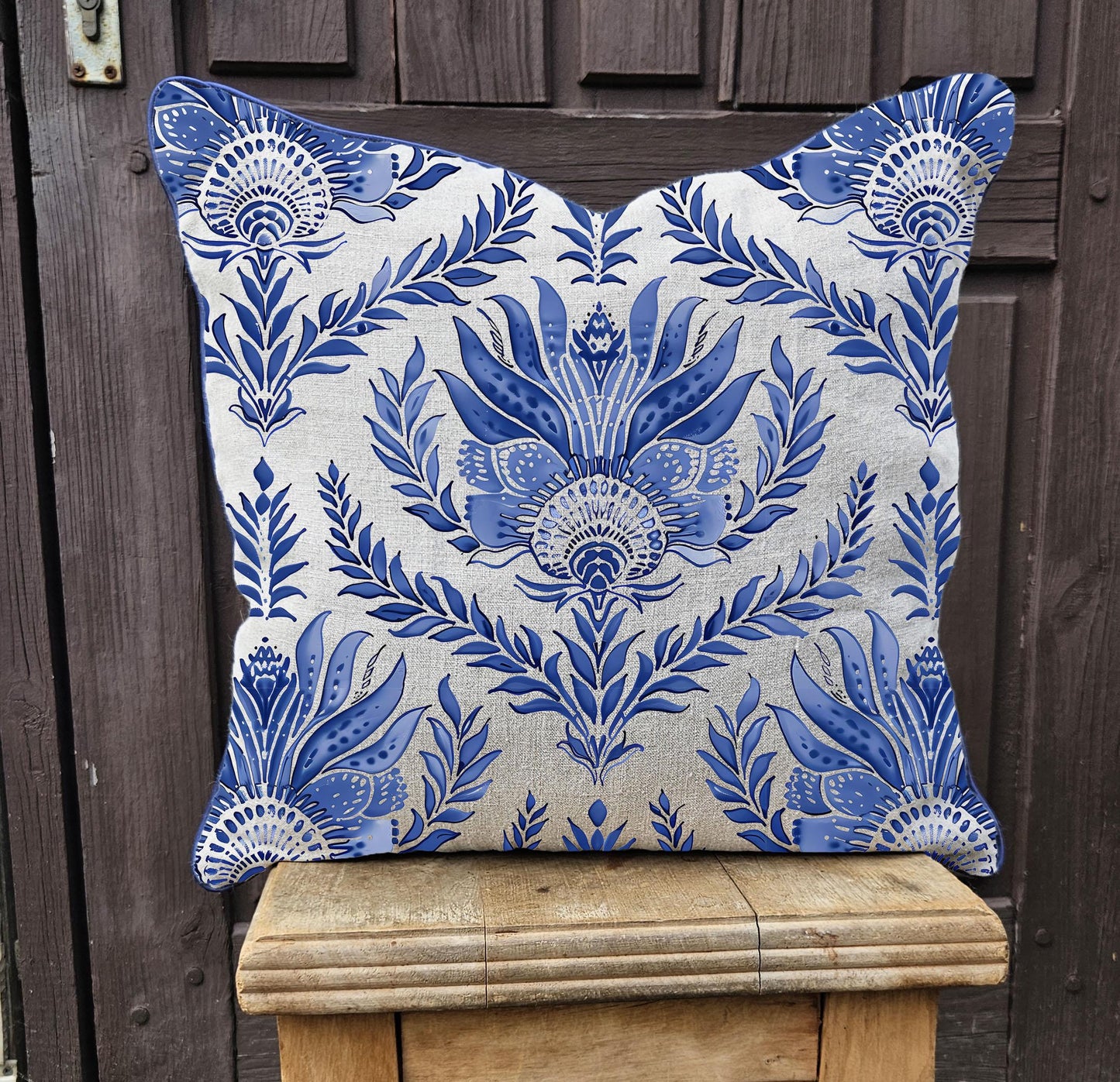 Modern linen Pillow Cover with block floral print, blue french  Boho Pillow print on linen, Coutryhome printed pillow case in European flax