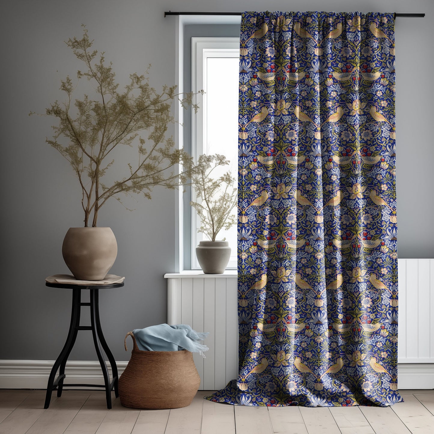 William Morris Curtain Panel Strawberry Thief, Floral with birds and strawberries Print Pattern  Curtain Panels,  Curtains for living room