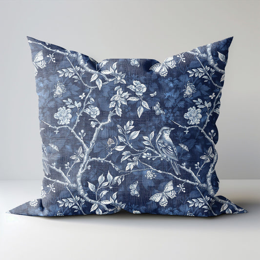 Designer blue Floral on Linen Pillow Cover, french toile de jouy  Pillow, Farmhouse Botanical printed pillow on flax