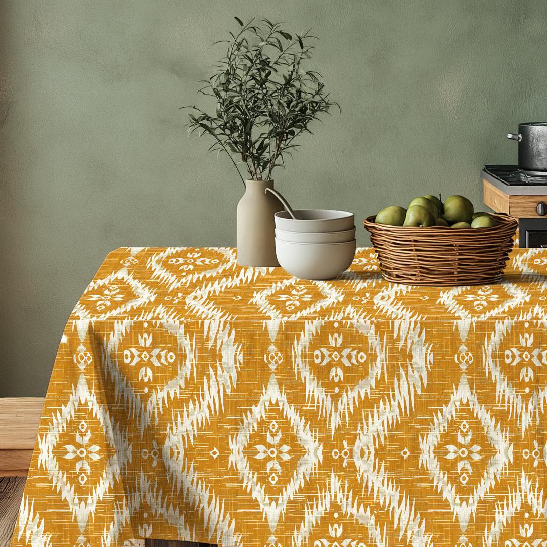 Linen print tablecloth with modern mustard yellow ikat print -   table cloth 100% linen dinner parties lunch table