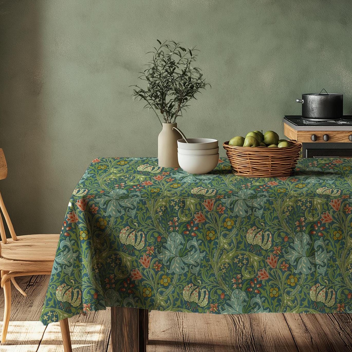 Linen foral tablecloth william Morris Golden Lilly, arts and crafts movement tablecloth Victorian style