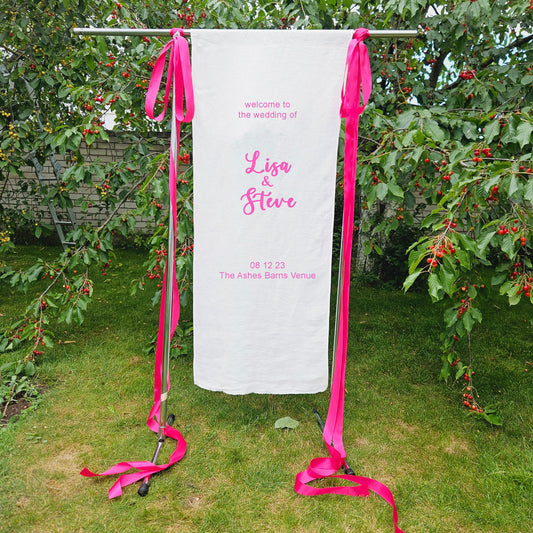 linen Wedding Welcome Sign with silk ribbons bows, custom fabric sign for party, Welcome to the wedding sign, Baby Shower Sign