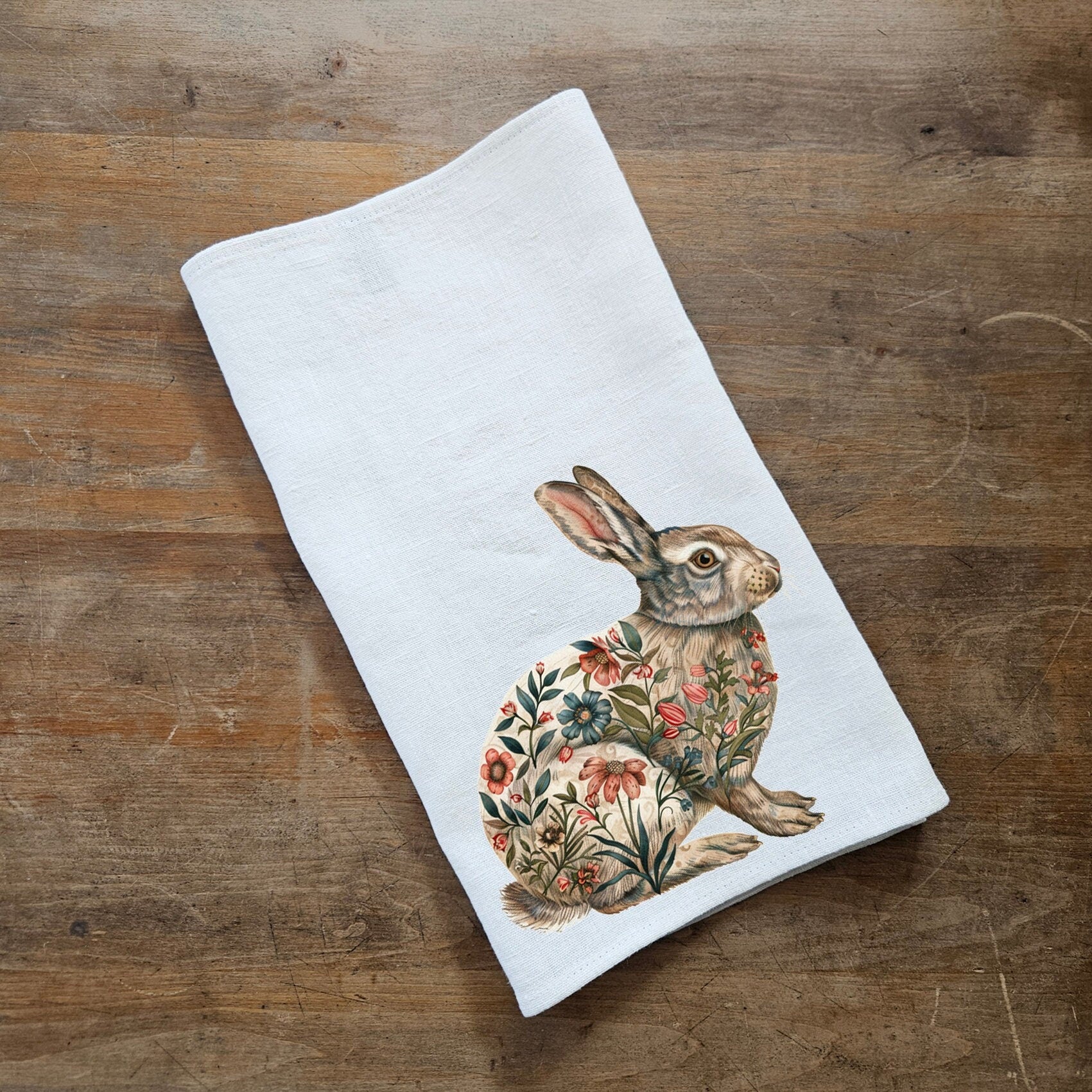Rabbit Floral Tea Towel in linen, flower rabbit Hand Towels Tea, Farmhouse Floral Dish Towel,  Kitchen Décor Eastern Kitchen Tea Towel
