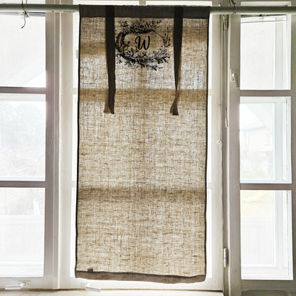 Monogramed Linen curtains valance with tie up with French Country Stamp , farmhouse kitchen curtains, door curtains  in custom size