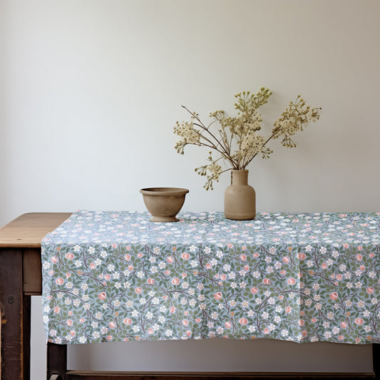 linen tablecloth with William Morris print clover