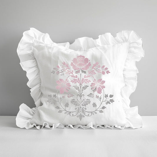Shabby Floral Ruffle Linen Pillow Cover, French Provence Country Neutral Beige Cushion, French Antiques Harmhouse Cottage Chic Swedish