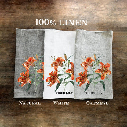 Tiger lily floral Tea Towel in linen, Botanical Hand Towels Tea in linen, lilly flowers linen  Dish Towel  Kitchen Décor Tea Towel in linen