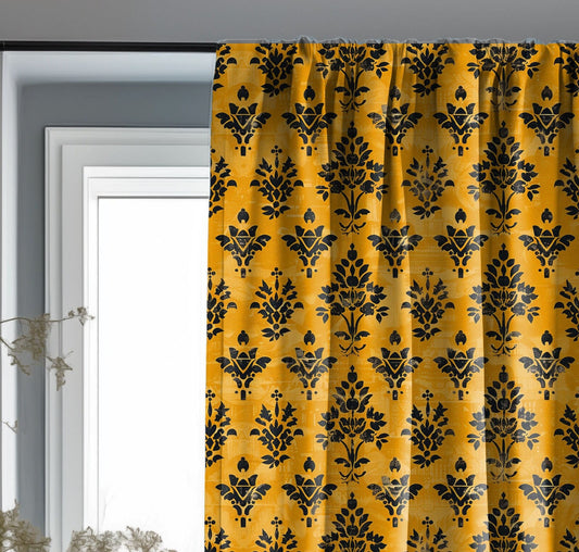 Designer Mustard yellow Floral Linen curtains, black yellow mustard Boho cautain panel, Farmhouse Block printed curtains for living room