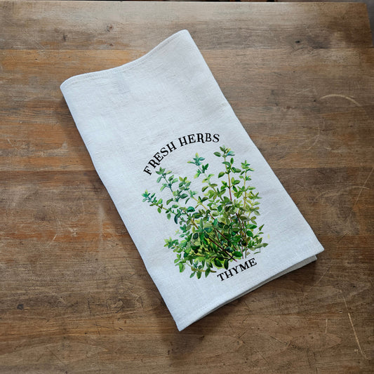 Thyme Floral Tea Towel in linen, Hand Towels Tea, Farmhouse Floral Dish Towel, greenery Floral Kitchen Décor, Floral Kitchen Tea Towel