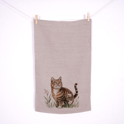 Katt på äng kökshandduk i linne - Tabby katt kawaii handdukar - Farmhouse blommig diskhandduk