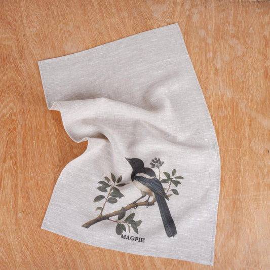 Magpie bird Tea Towel in linen, hand Towels Tea in linen, bird Dish Towel  Kitchen Décor Tea Towel in linen