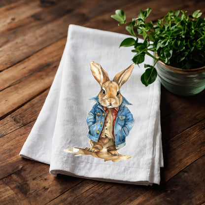 Bunny Tea Towel in linen, Rabbit Hand Towels Tea, Eastern Dish Towel, Holiday Kitchen Décor Tea Towel