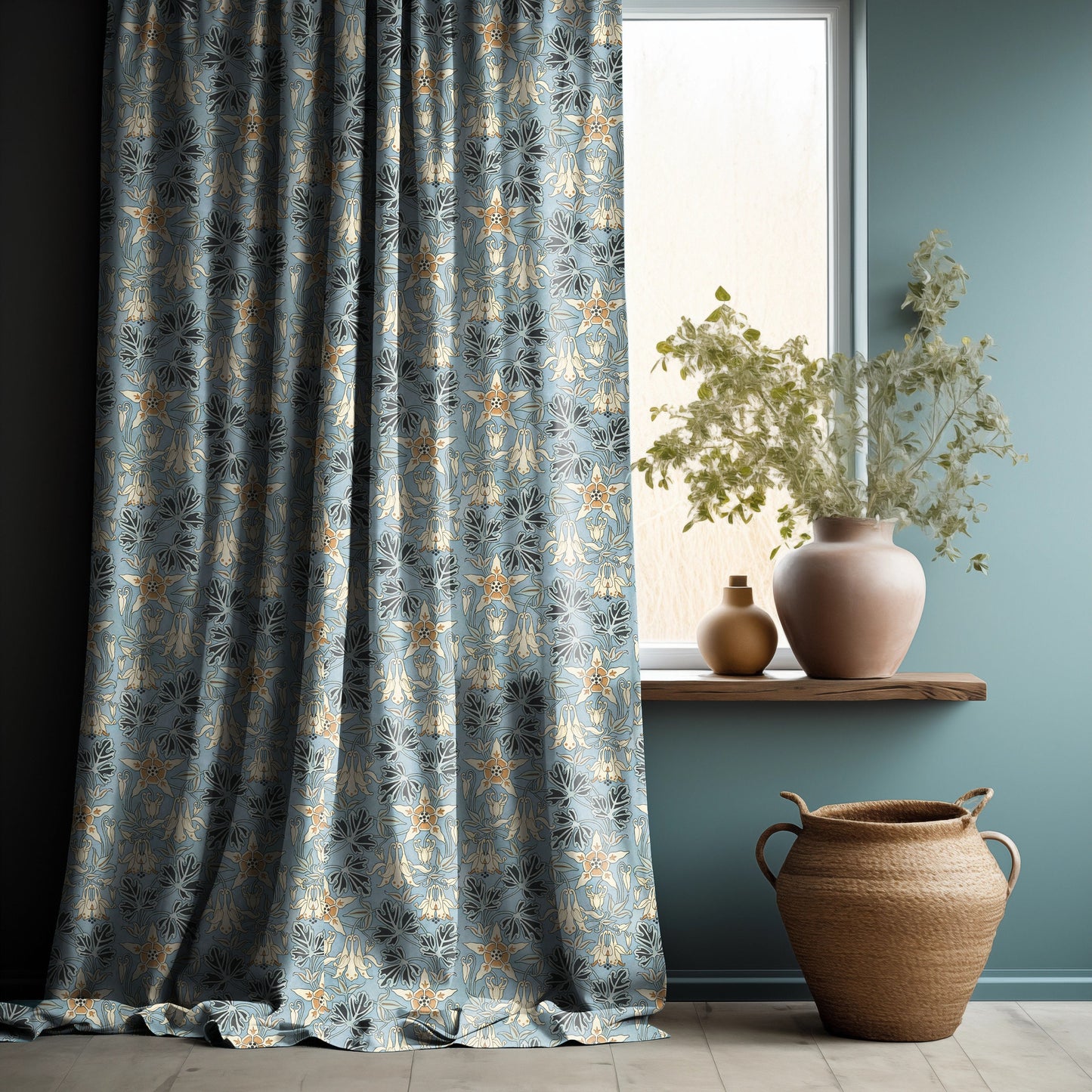 Columbine Curtain Panel from Maurice Pillard Verneuil, Floral blue Print Curtain Panels in custom size, Botanical Curtains for living room