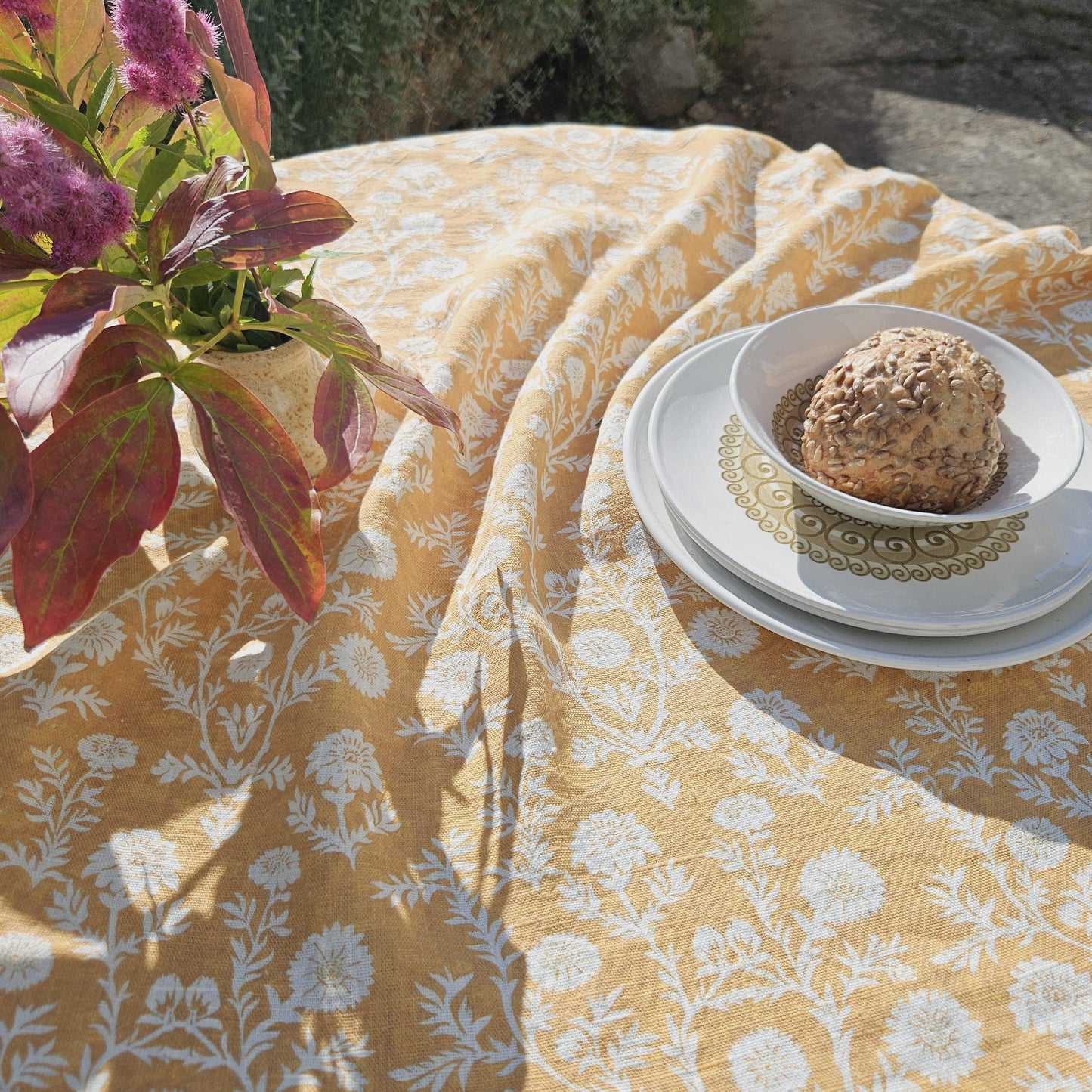Linen foral tablecloth in mustard black print floral, Sophisticated designer contemporary tablecloth in linen