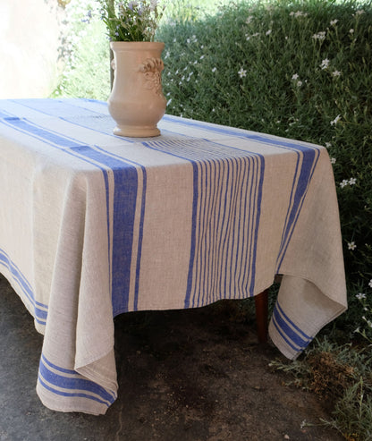 100% Linen tablecloth striped PREWASHED French table cloth rustic rectangle square oval Grey Blue country style Sack weave linen
