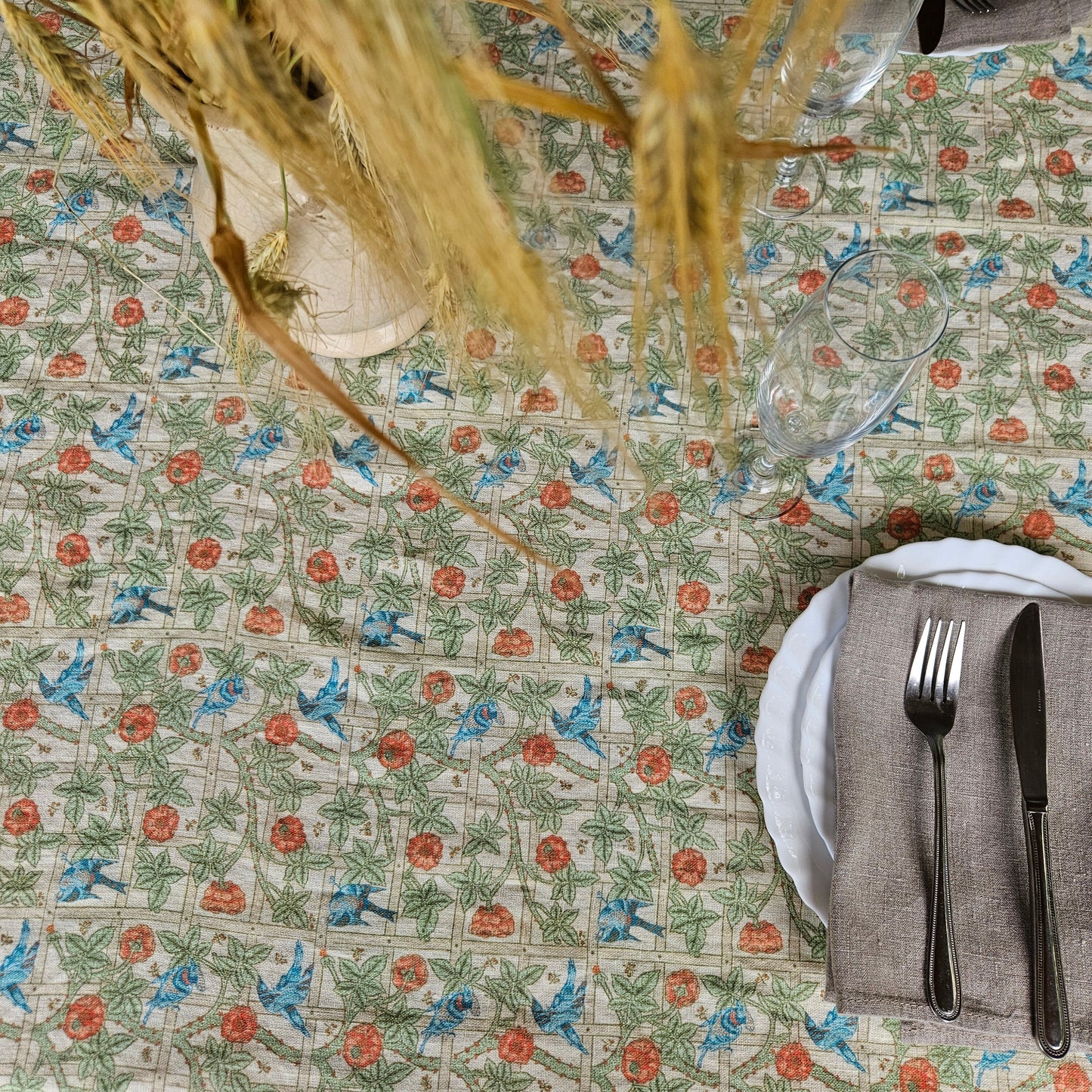 Linen floral tablecloth with birds, william Morris Trellis tablecloth with roses and birds, Victorian arts and crafts movement tablecloth