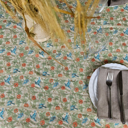 Linen floral tablecloth with birds, william Morris Trellis tablecloth with roses and birds, Victorian arts and crafts movement tablecloth