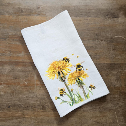 Dandelion Bumble Tea Towel in linen, floral Hand Towels Tea in linen, linen Dish Towel Kitchen Décor Tea Towel Flora Fauna yellow flower bee