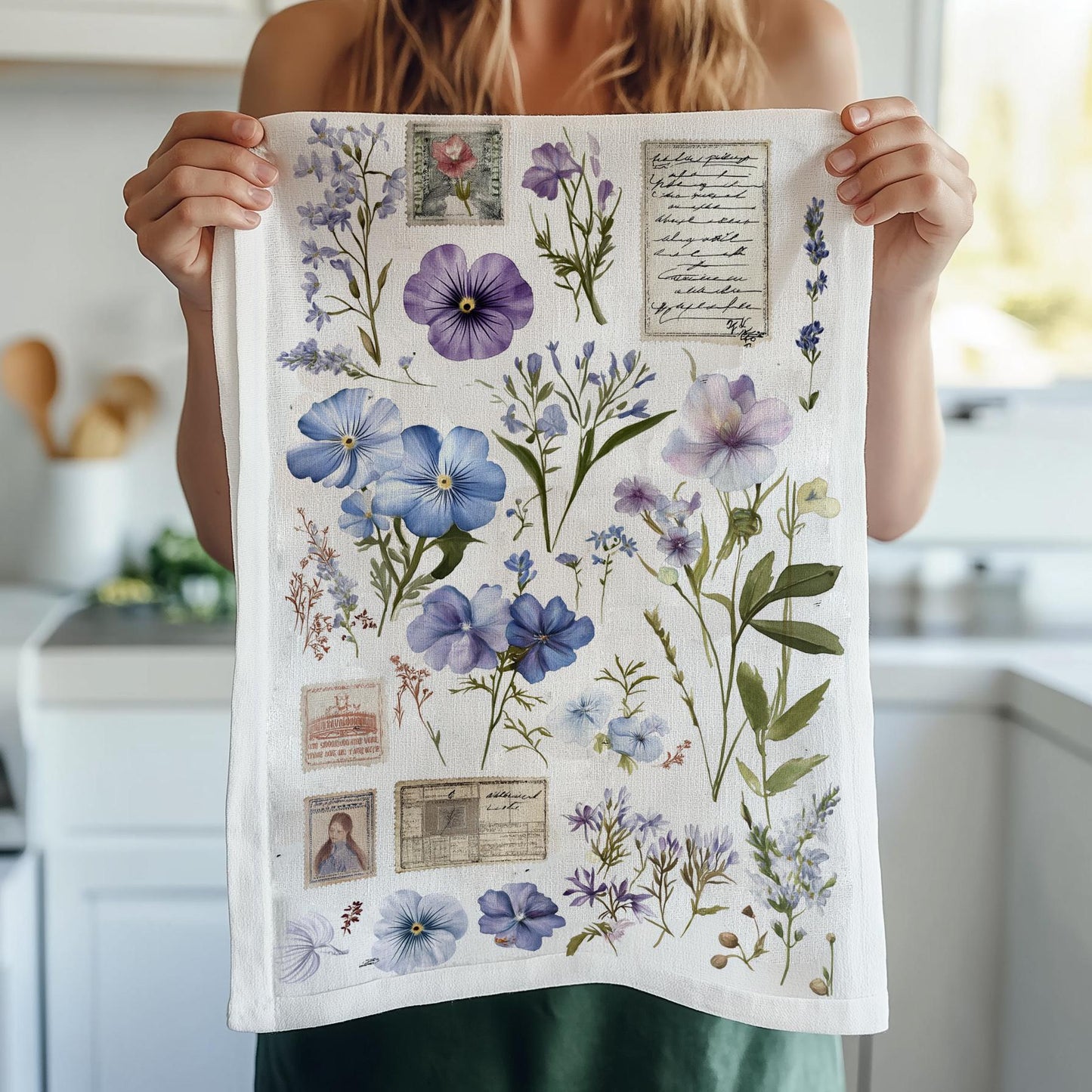 Blommig kökshandduk i linne - blommigt blommönster Handdukar - Farmhouse Dish Décor Kökshandduk med franska Provence-blommor