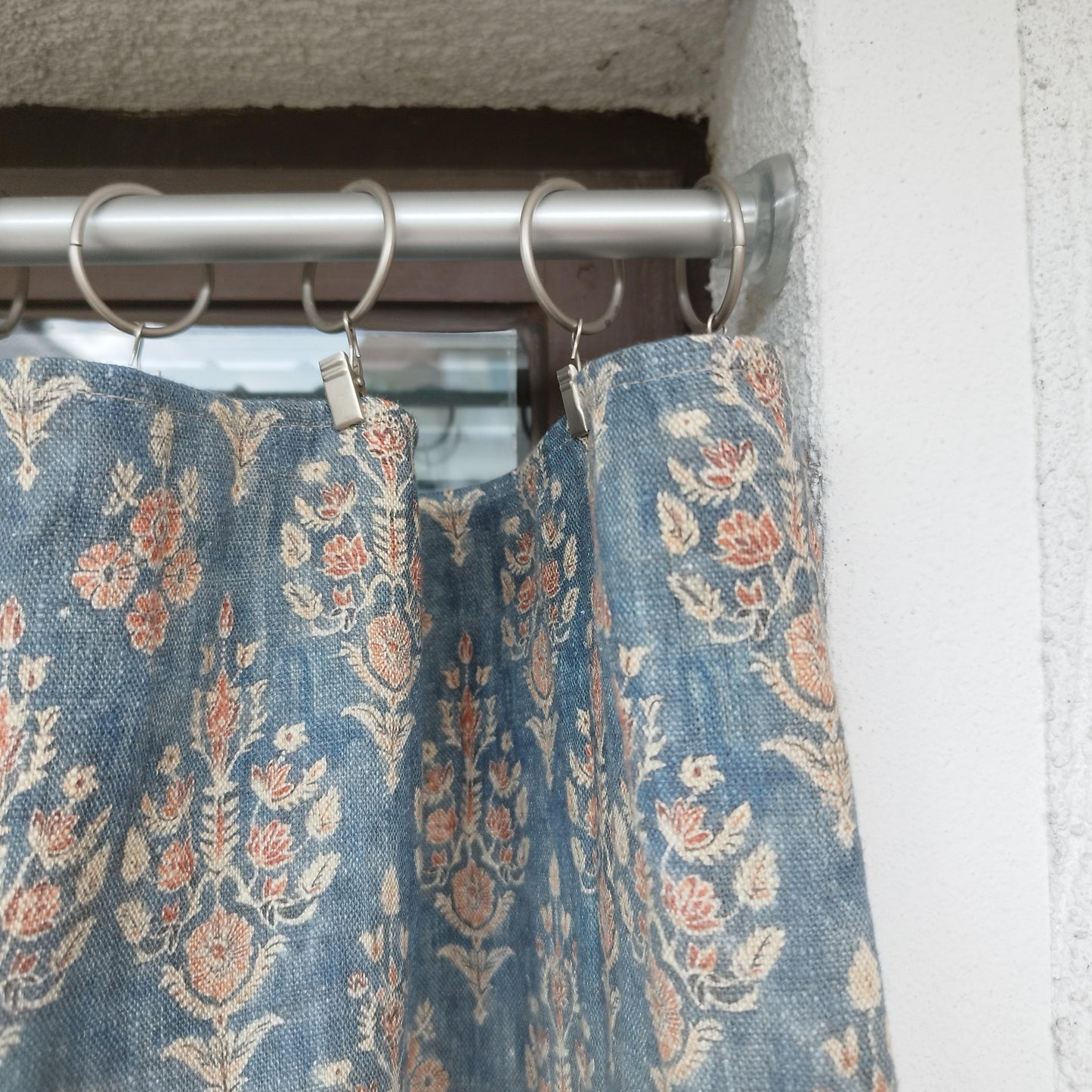 Curtains 100% Linen with indian block print blue pattern  PREWASHED. kitchen Living room farmhouse linen window panel