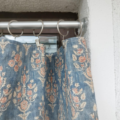 Curtains 100% Linen with indian block print blue pattern  PREWASHED. kitchen Living room farmhouse linen window panel