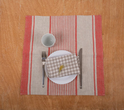 Linen napkins - grain sack French linen. Natural red striped. Cottage coutry style. Set of linen napkins. Stonewashed cloth napkins