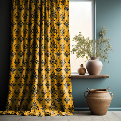 Designer Mustard yellow Floral Linen curtains, black yellow mustard Boho cautain panel, Farmhouse Block printed curtains for living room