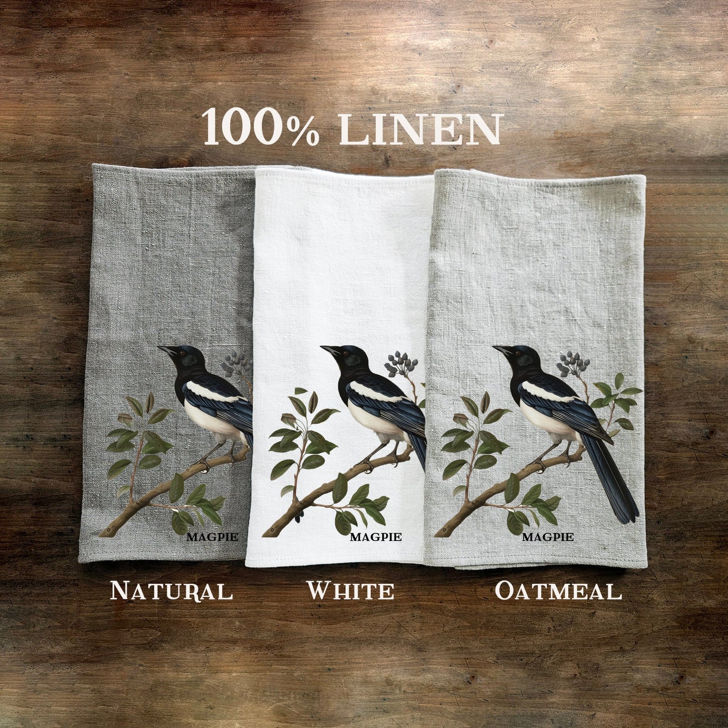 magpie bird linen towel for kitchen, tea hand towelin linen with magpie print