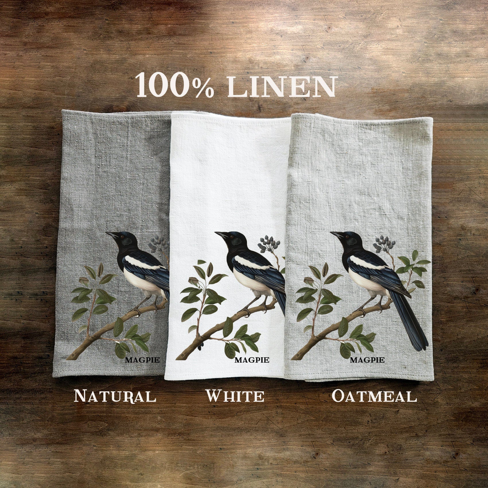 magpie bird linen towel for kitchen, tea hand towelin linen with magpie print