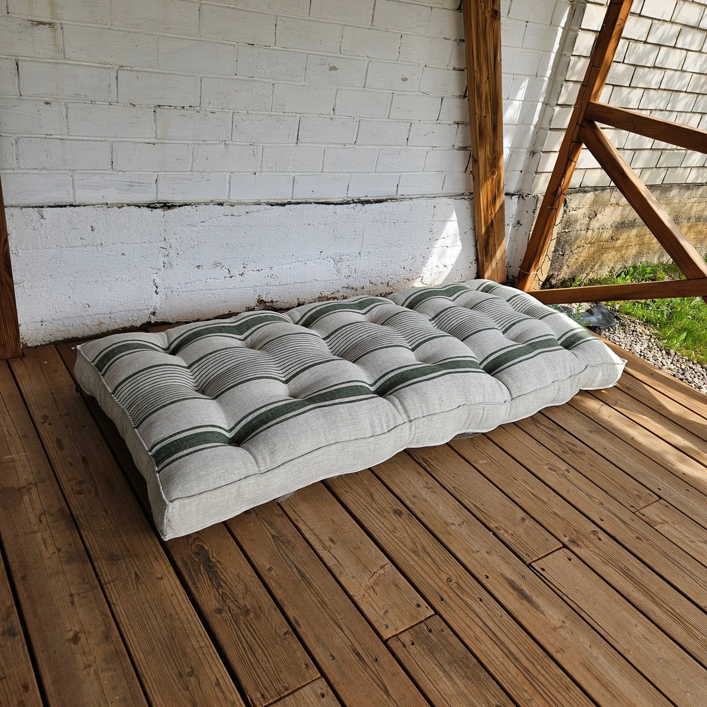 Bench cushion in French striped linen,  floor cushion in Custom size, shikibuton thick mat Shiki futon filled organic fiber filler