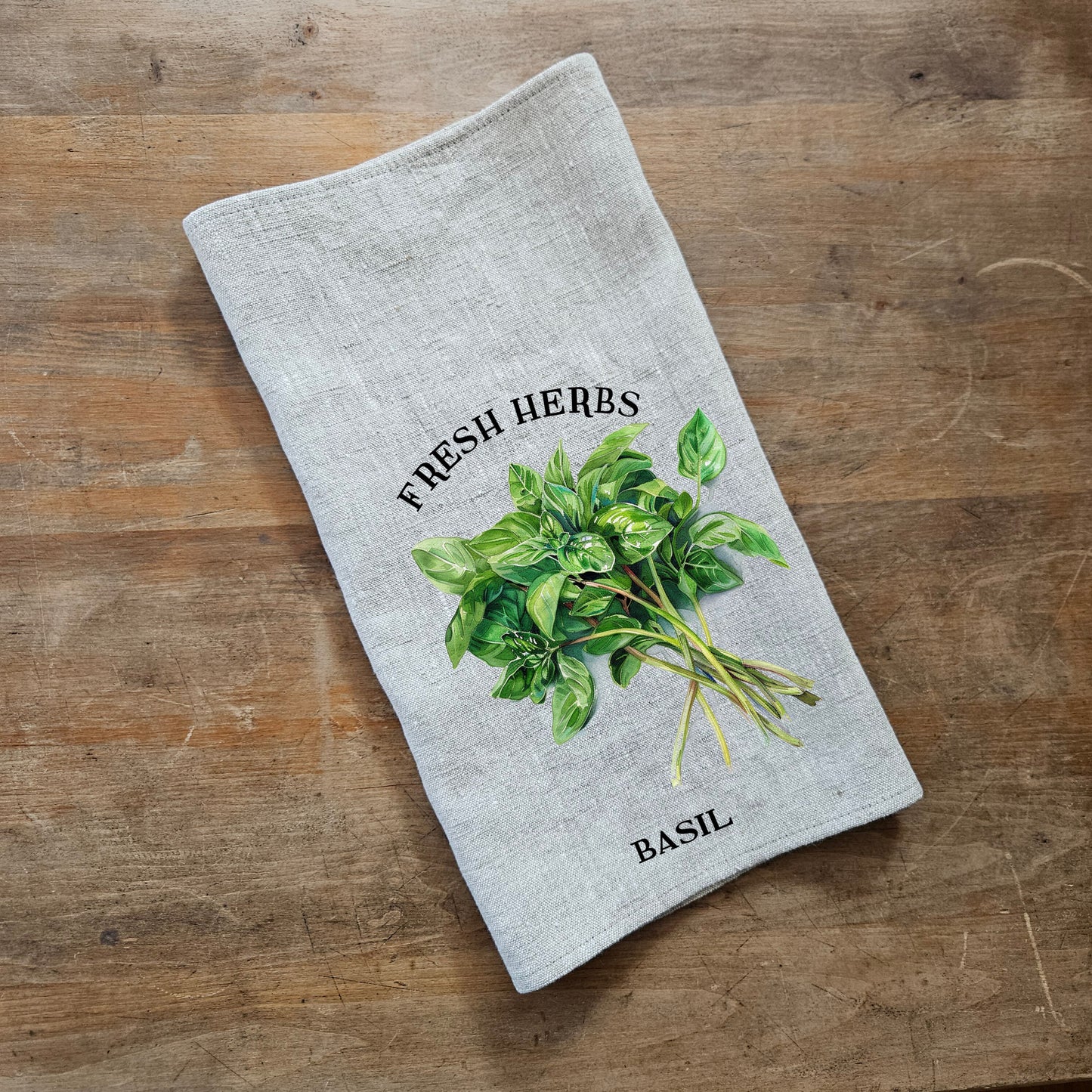Basil Floral Tea Towel in linen - Hand Towels Tea - Farmhouse Floral Dish Towel - greenery frech herbs Kitchen Décor