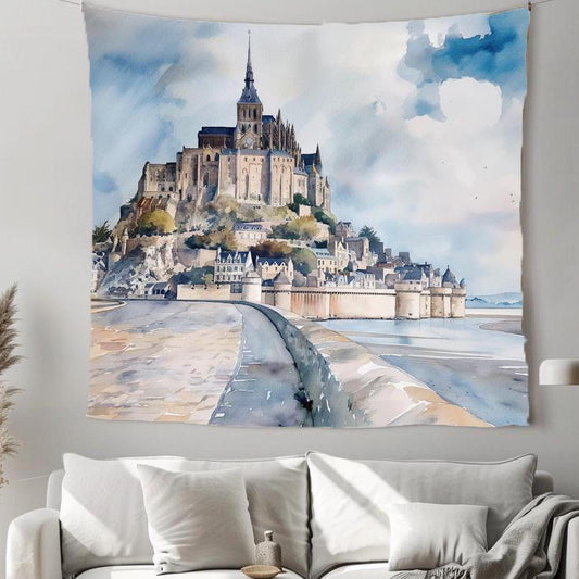 Saint Michel island castle watercolor tapestry on 100% LINEN  wall hanging - french landscape travel print Tapestry wall tapestry