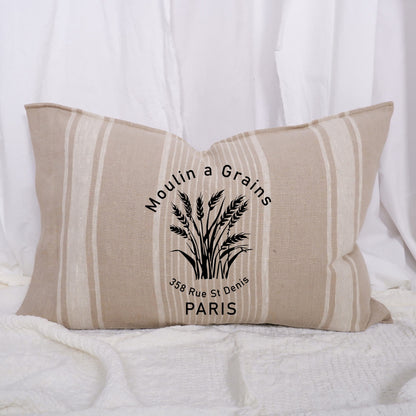 Striped linen pillowcase in french country style with Moulin a grains print, French linen Vintage Cottage Farmhouse  Grainsack cushion cover