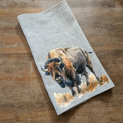 Buffalo Tea Towel in linen, Bison hand Towels Tea in linen,  pets Dish Towel  Kitchen Décor Tea Towel in linen