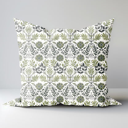 Designer Floral moss green white on linen pillow cover, Boho pillow with teal blue print, botanical Cushion cover decorative pillow cover