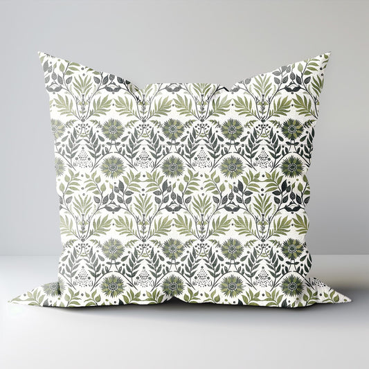 Designer Floral moss green white on linen pillow cover, Boho pillow with teal blue print, botanical Cushion cover decorative pillow cover