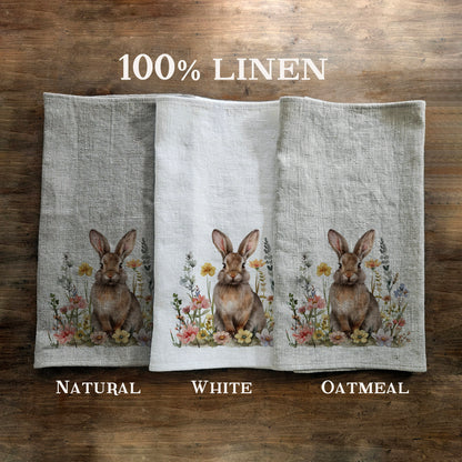 Bunny Floral Tea Towel in linen - rabbit with four clover Hand Towels Tea - Farmhouse Floral Dish Towel - Easter Décor Kitchen Tea Towel