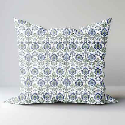 Modern indigo linen Floral Pillow Cover, white blue green Boho Pillow block print on linen, Coutryhome block printed cushion case in flax