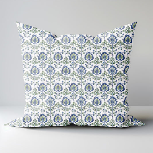 Modern indigo linen Floral Pillow Cover, white blue green Boho Pillow block print on linen, Coutryhome block printed cushion case in flax
